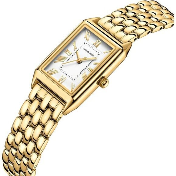 Gold Rectangle Watch Women Roman Dial Stainless Steel Band Water Resistant - Picture 2 of 7